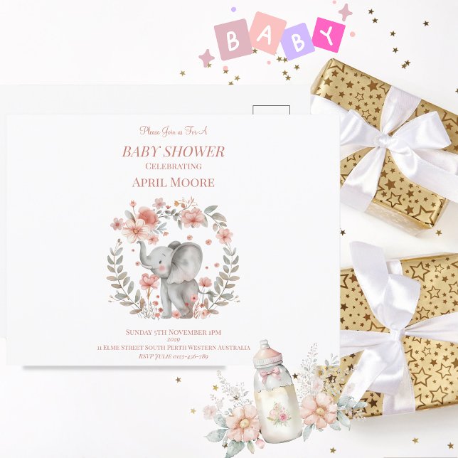 Cartão Postal Chá de fraldas Elegante de Elefante Rosa (Cute Baby Girl Baby Shower Postcard Invitation)