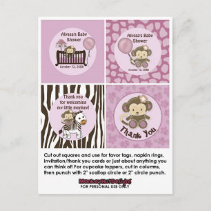 Cartão Postal CHÁ DE FRALDAS MONKEY Cupcake Crib Toppers Tags C