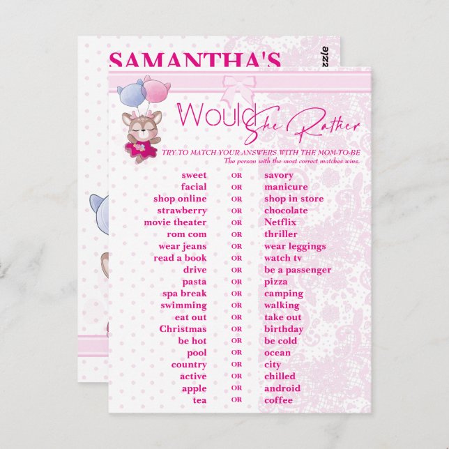 Cartão Postal Chá de fraldas. Previsão e conselho de bebês rosa. (Frente/Verso)