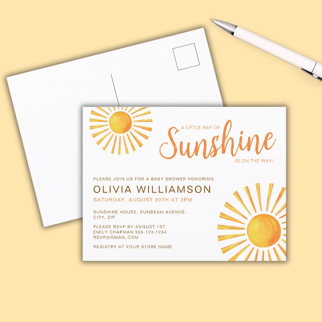 Cartão Postal Chá de fraldas Sunshine (Little Ray of Sunshine Baby Shower Invitation Postcard)