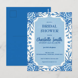 Cartão Postal chá de noiva antigo Chinoiserie azul e branco