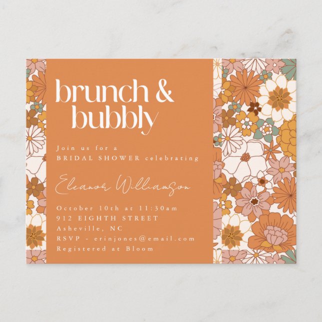 Cartão Postal Chá de Noiva Bubbly Brunch Floral Boho Terracota (Frente)