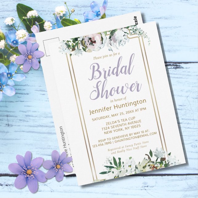 Cartão Postal Chá de Noiva Floral Lavanda em Aquarela de Verão (Pretty Lavender Watercolor Roses Bridal Shower Invitation Postcard)