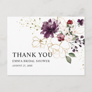 Cartão Postal Chá de Noiva Floral Ouro e Vinho Obrigado