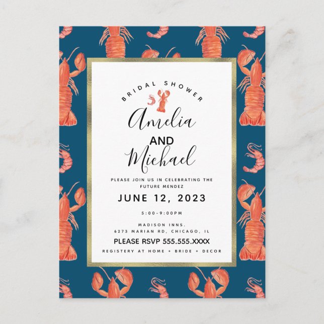 Cartão Postal Chá de Noiva Lagosta Camarão Lagostim Aquarela I (Frente)