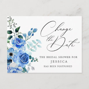 Cartão Postal chá de panela adiado Data Elegante Rosas azuis