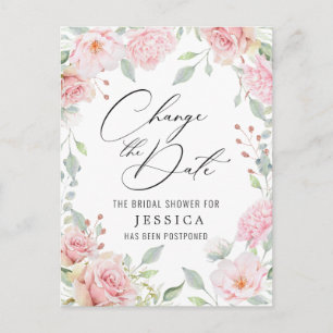 Cartão Postal chá de panela adiado Data Elegante Rosas de Blush