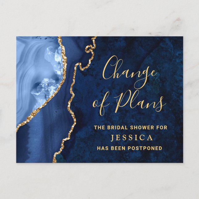 Cartão Postal Chá de panela Azul Dourado Moderno Adiado (Frente)