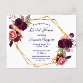 Cartão Postal Chá de panela burgundy floral boho azul