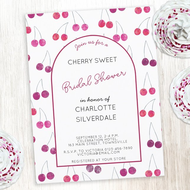 Cartão Postal Chá de panela de Cherry (Watercolor cherries pattern personalized custom name text bridal shower invitation postcard)