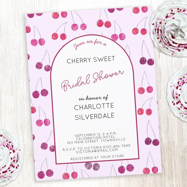 Cartão Postal Chá de panela de Cherry Pink (Cherry sweet pink watercolor cherries personalized custom text bridal shower invitation postcard)