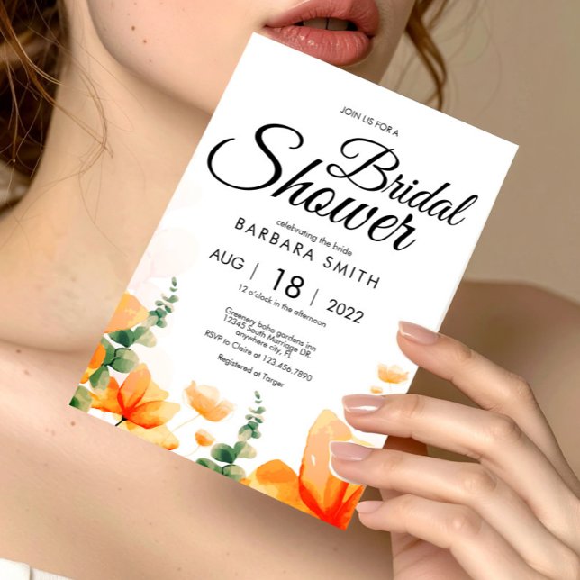 Cartão Postal Chá de panela floral de flor selvagem Elegante (Elegant Orange Floral Bridal Shower Invitation Postcard, Bridal Shower Floral)