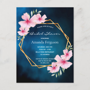 Cartão Postal Chá de panela marinho azul pincel floral rosa