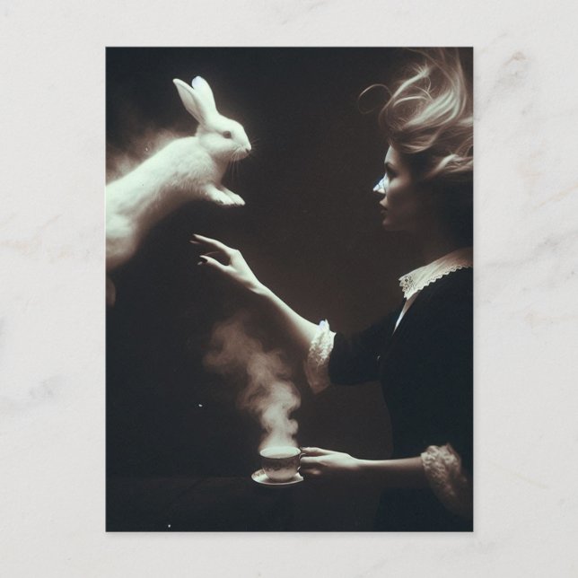 Cartão Postal Chá Surreal Com Arte Fantástica De Coelho Branco (Frente)