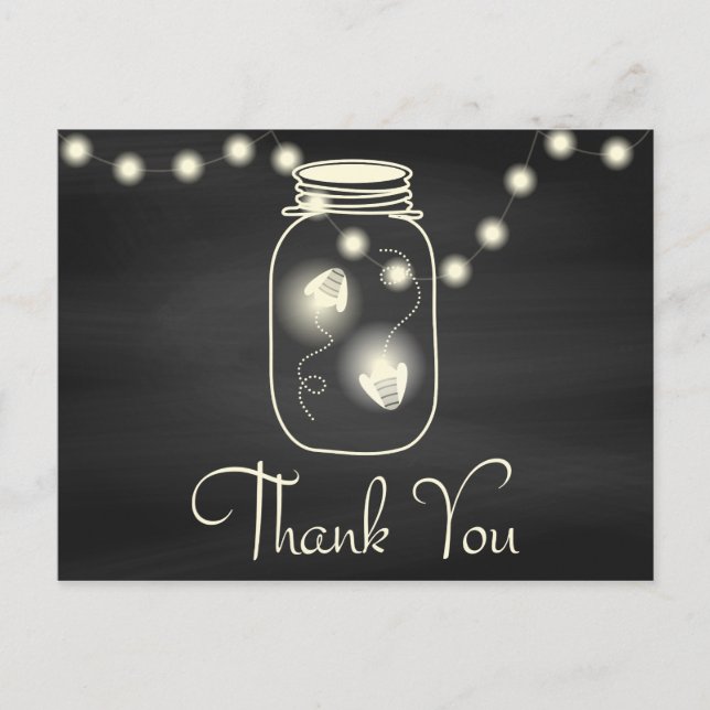 Cartão Postal Chalkboard Mason Jar com Fireflies Obrigados de ca (Frente)