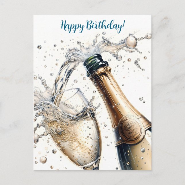 Cartão Postal Champagne espumante Feliz Aniversário (Frente)