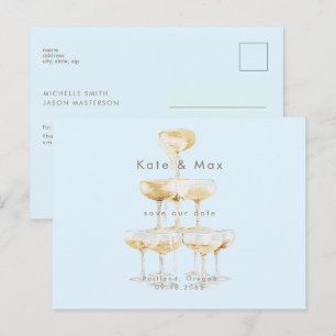 Cartão Postal Champagne Moderno Azul Gelo Casamento Salve a Data