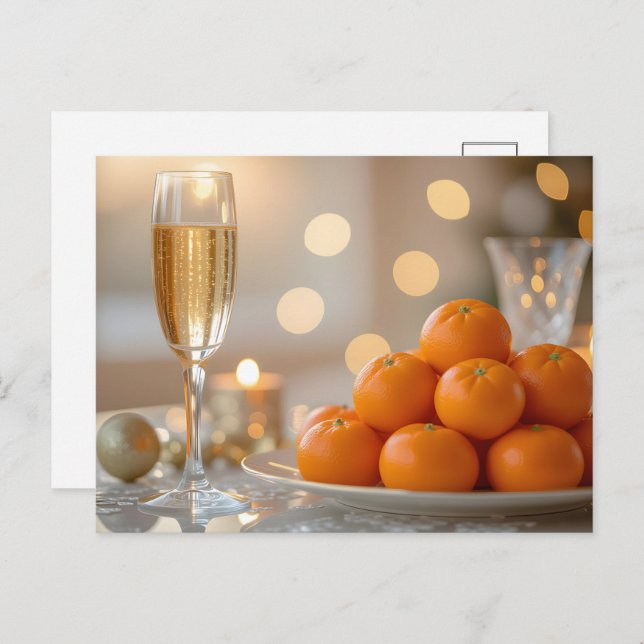 Cartão Postal Champagne, Tangerines Festive Party Table (Frente/Verso)