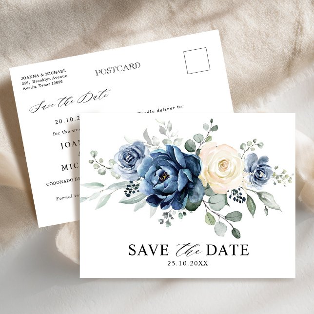 Cartão Postal Champanhe azul empoeirado Marinho marfim Salve a d (Dusty Blue Navy Champagne Ivory Save the Date Postcard)