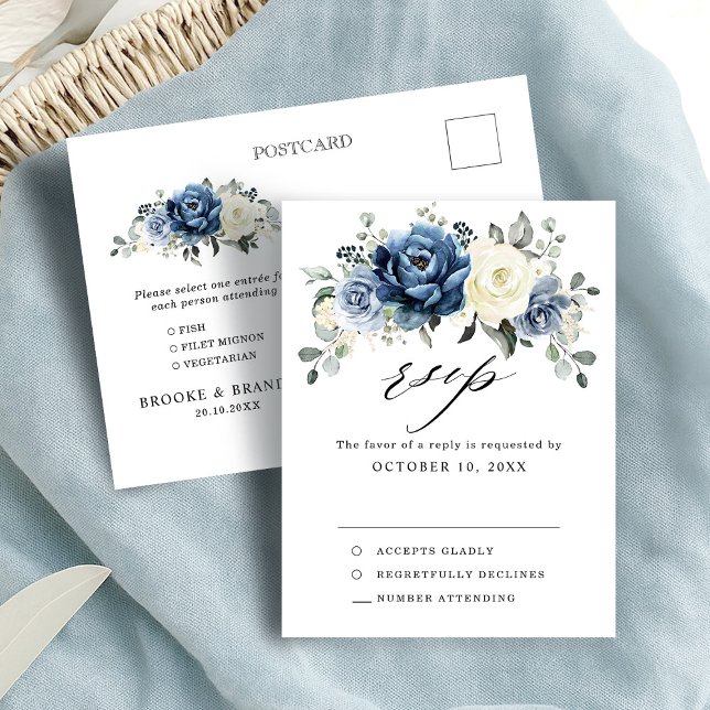 Cartão Postal Champanhe de Marinho Azul Dusty Casamento de Marfi (Dusty Blue Navy Champagne Ivory Wedding RSVP Postcard with meal choice )