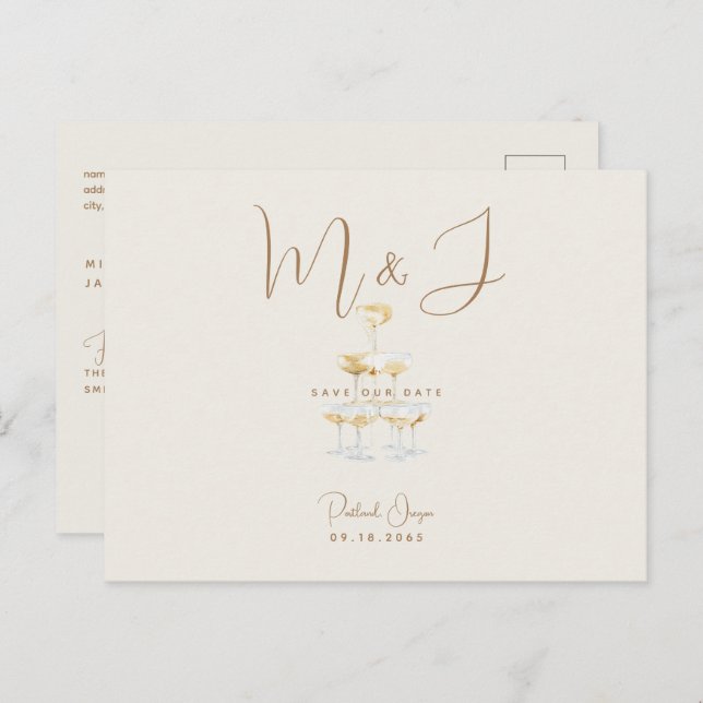 Cartão Postal Champanhe Moderno Beige Weding Date (Salvem a Data (Frente/Verso)