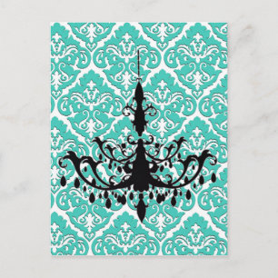 Cartão Postal Chandelier Silhouette Teal Damask