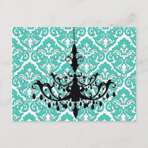 Cartão Postal Chandelier Silhouette Teal Damask