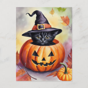 Cartão Postal Chapéu de Bruxas de Abóbora de Gatinho Preto