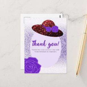 Cartão Postal Chapéu de glitter vermelho roxo lavanda Obrigado