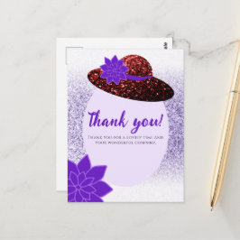 Cartão Postal Chapéu de glitter vermelho roxo lavanda Obrigado