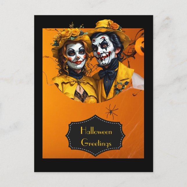 Cartão Postal Chapéu floral de Halloween e casal de caricatura d (Frente)