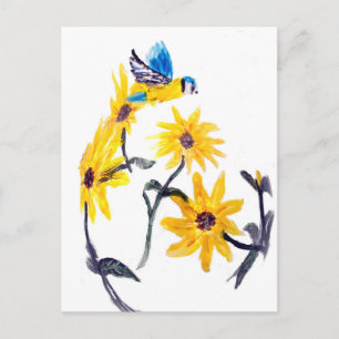 Cartão Postal Chapim-azul, Girassóis Amarelos Arte da Natureza