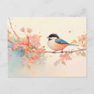 Cartão Postal Chapim sobre ramo de flor de primavera rosa