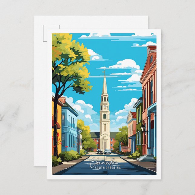 Cartão Postal Charleston South Carolina Viagem Illustration (Frente/Verso)
