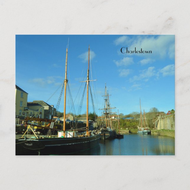 Cartão Postal Charlestown Harbour Cornwall UK Polblack Location (Frente)