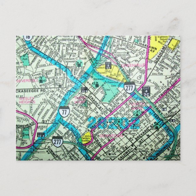 Cartão Postal Charlotte, NC Vintage Map (Frente)