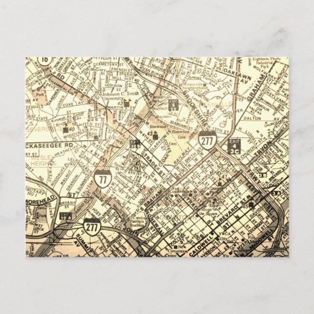 Cartão Postal Charlotte, NC Vintage Map (Frente)