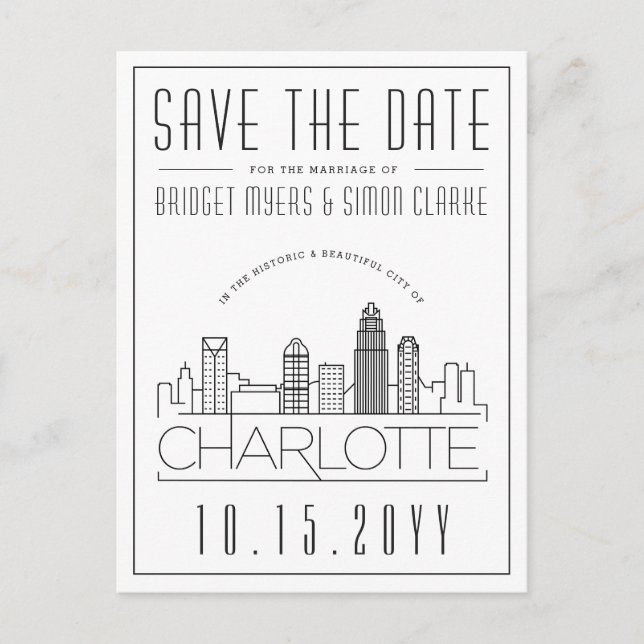 Cartão Postal Charlotte Wedding | Skyline Estilizado Salvar a Da (Frente)