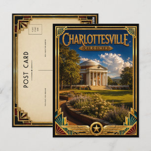 Cartão Postal Charlottesville Virgínia Arte Deco Vintage Dourado