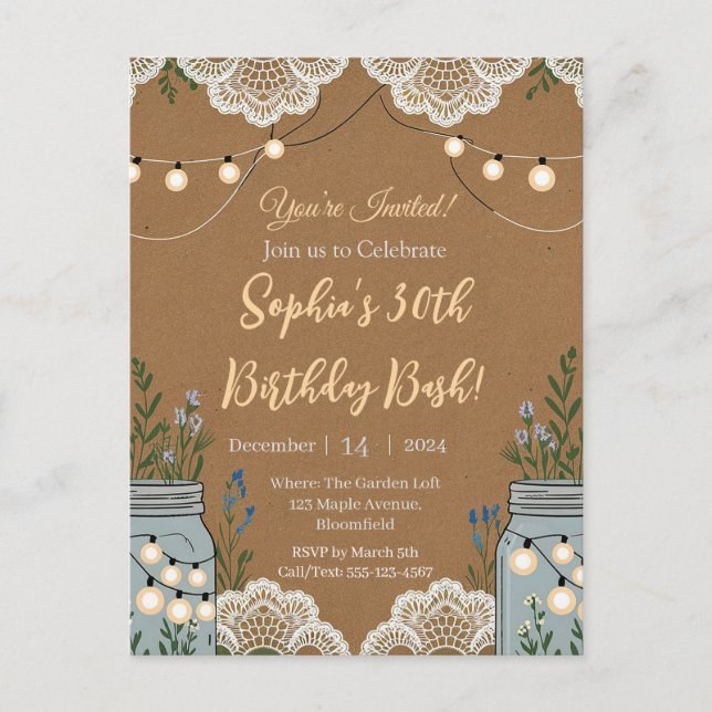 Cartão Postal Charme rústico com renda e jarros de pedras  (Frente)