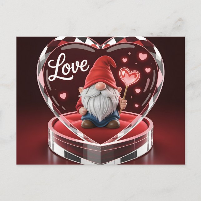 Cartão Postal Charming Valentine Gnome in Crystal Heart Display  (Frente)