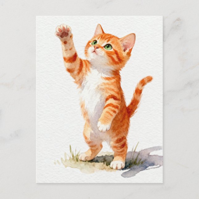 Cartão Postal Charming Watercolor Orange Tabby Kitten Reaching (Frente)