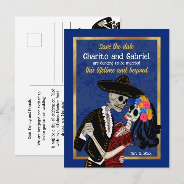Cartão Postal Charro Catrina Sugar Skulls Blue Salvar Data (Frente/Verso)