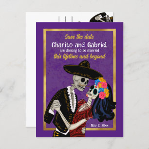 Cartão Postal Charro Catrina Sugar Skulls Roxo Salvar Data