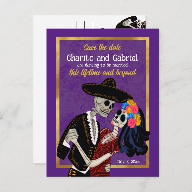 Cartão Postal Charro Catrina Sugar Skulls Roxo Salvar Data (Frente/Verso)