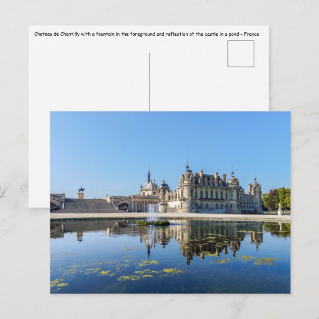 Cartão Postal Chateau de Chantilly com reflexo em um lago (Frente/Verso)