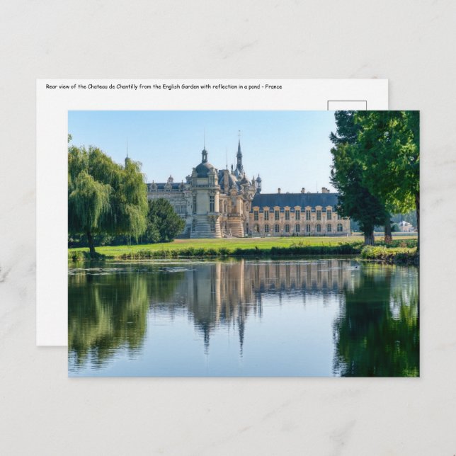 Cartão Postal Chateau de Chantilly e reflexão em um lago (Frente/Verso)