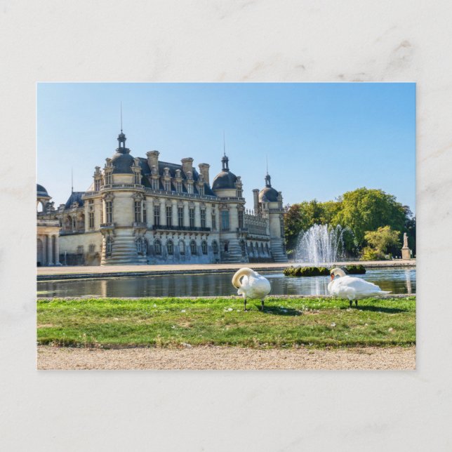 Cartão Postal Chateau de Chantilly, fonte e dois cisnes (Frente)