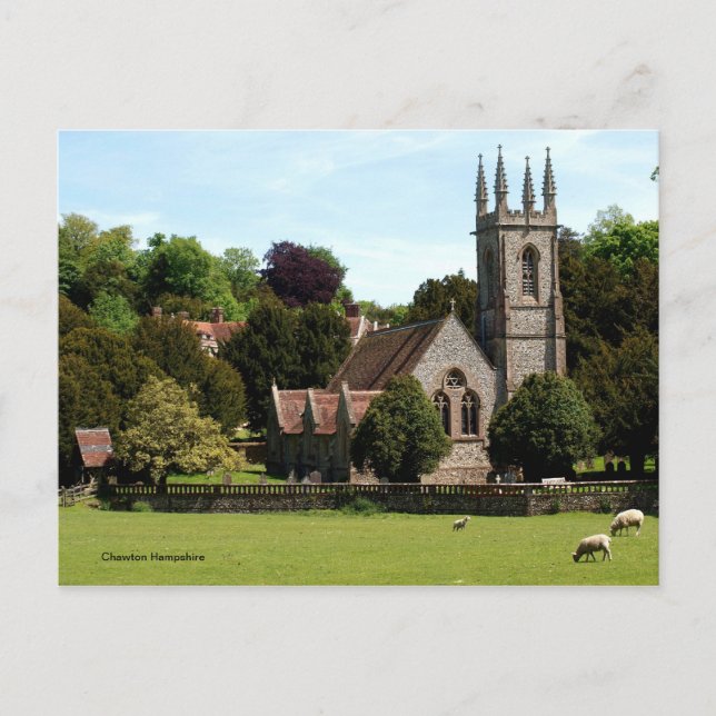 Cartão Postal Chawton Hampshire - Ovelha ao lado da Igreja (Frente)