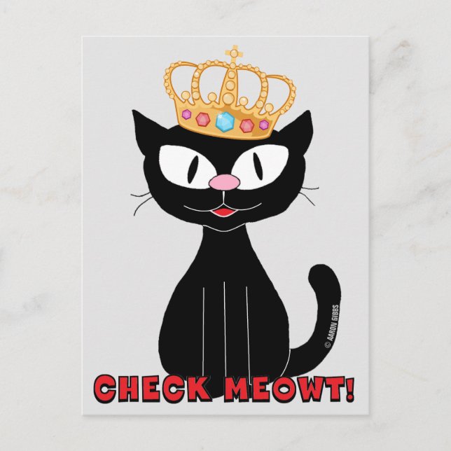 Cartão Postal CHECAR MEOWT Gato de Cartoon Preto Engraçado (Frente)